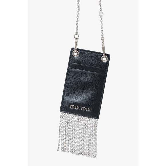 Miu Miu Accessories - Miu Miu Black Leather Crystal Fringe Card Holder with Chain